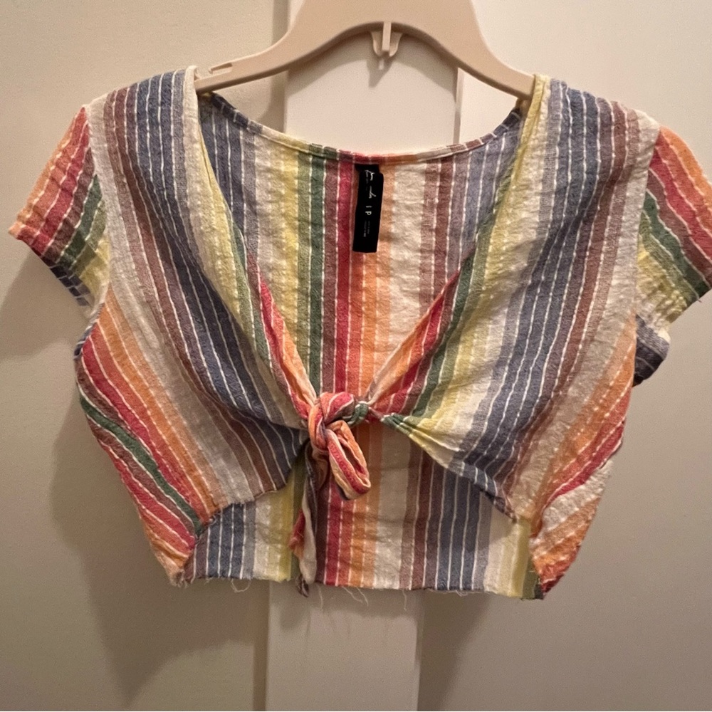Out from Under Urban Outfitters‎ Rainbow Stripe Short Sleeve Tie Front Crop Top